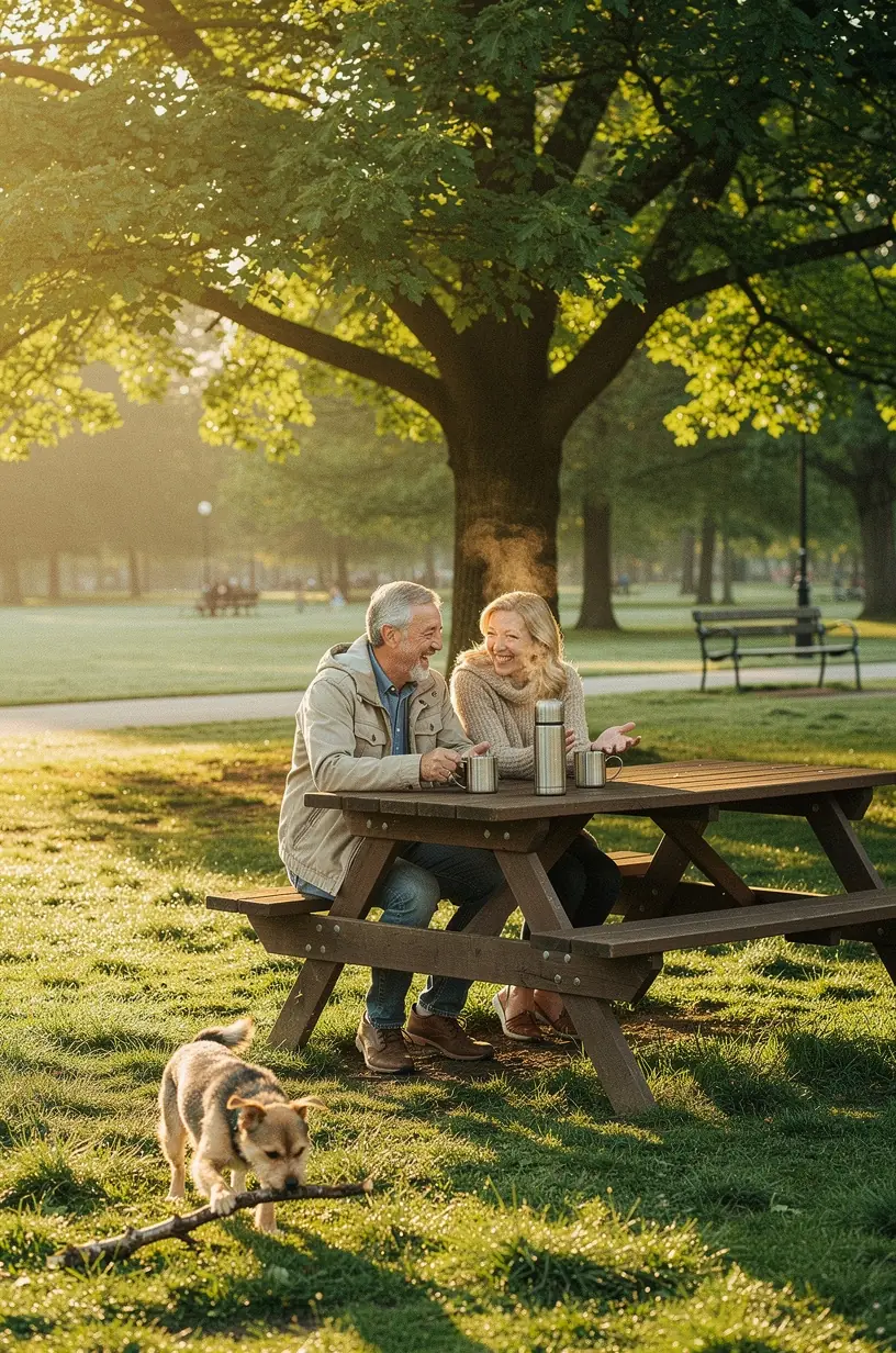 Nyugodt reggeli asztal, ahol gyógynövény tea és egészséges reggeli ételek találhatók.