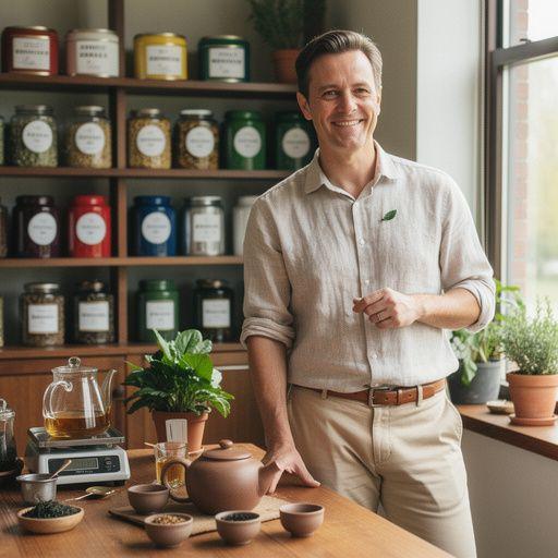 Illatos gyógynövénytea csésze egy faasztalon, reggeli napsütésben fürdve