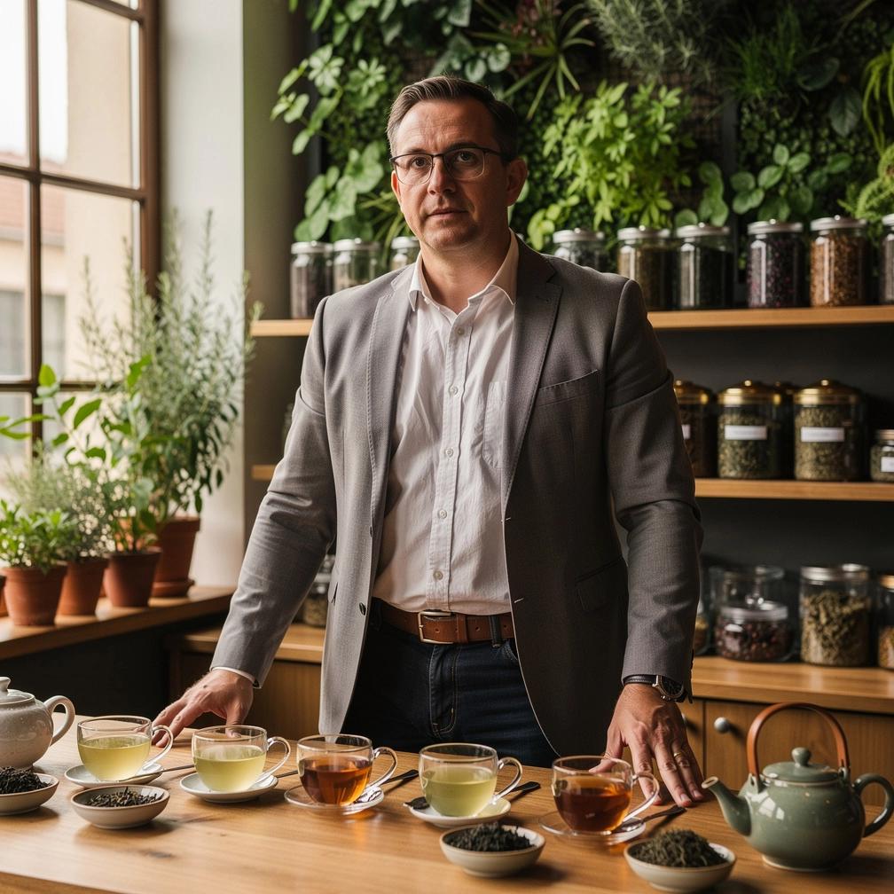 Gyógynövényekből készült tea összetevői egy tálcán, friss levelekkel és virágokkal díszítve